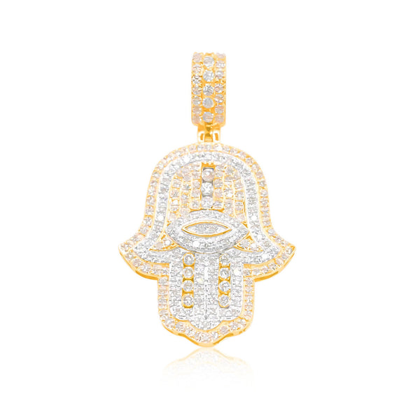 Hamsa Hand Devil Eye Centered Diamond Pendant (1.00CT) in 10K Gold