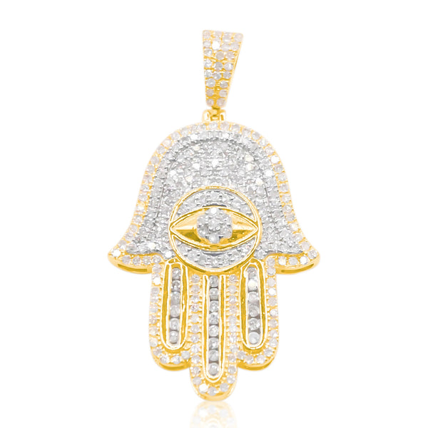 Hamsa Hand Devil Eye Centered Diamond Pendant (1.20CT) in 10K Gold