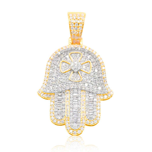 Hamsa Flower Centered Baguette Diamond Pendant (3.50CT) in 10K Gold