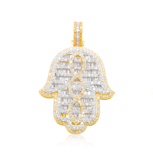 Hamsa Baguette Diamonds Pendant (4.00CT) in 10K Yellow Gold