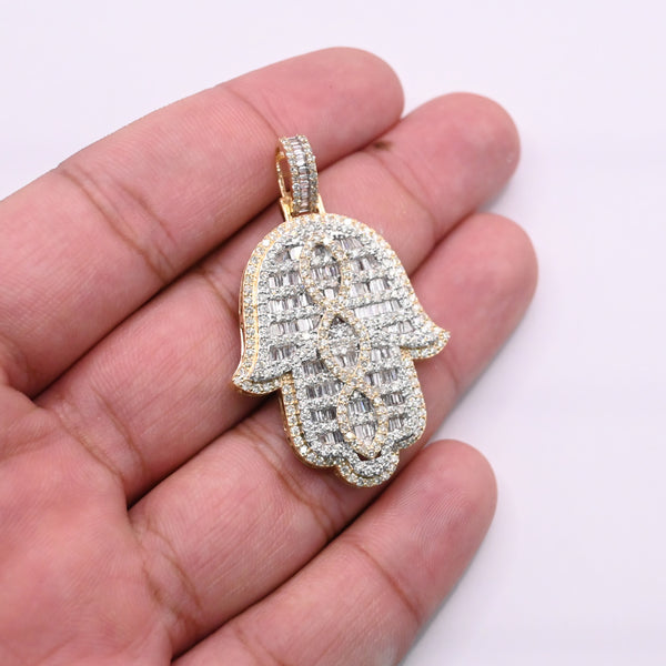 Hamsa Baguette Diamonds Pendant (4.00CT) in 10K Yellow Gold