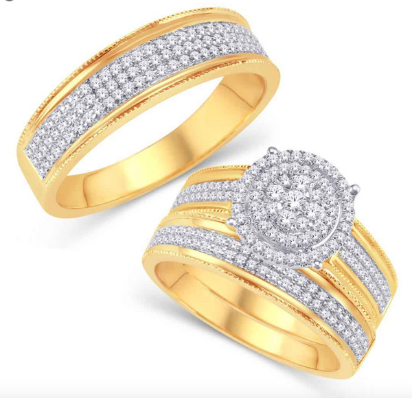 Round Frame Diamond Cluster Double Layered Trio Bridal Set (1.00CT) in 10K Gold - Size 7 to 12
