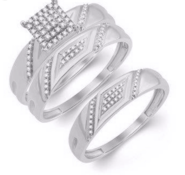 Square Frame Diamond Cluster Trio Bridal Set (0.25CT) in 10K Gold - Size 7 to 12