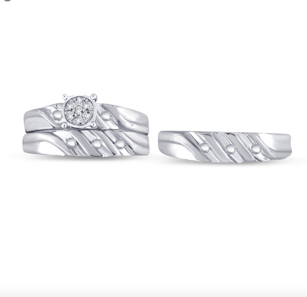 Round Frame Baguette Diamond Strips Trio Bridal Set (0.05CT) in 10K Gold - Size 7 to 12