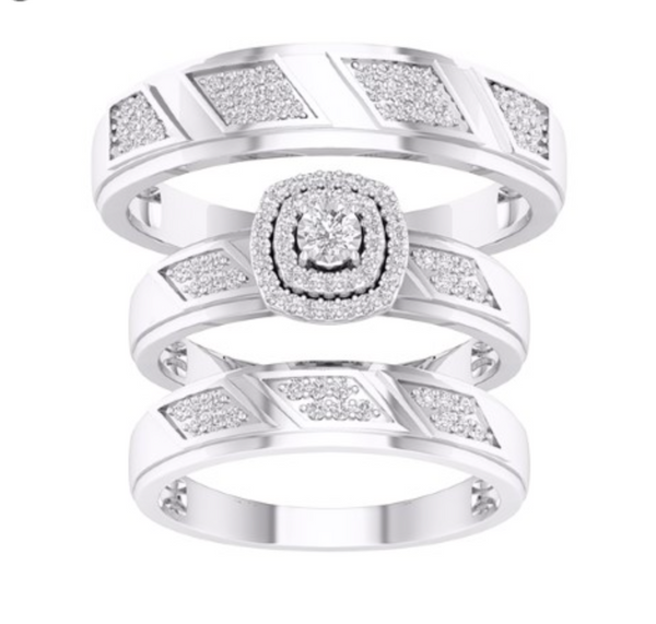 Square Frame Halo Diamond Trio Bridal Set (0.33CT) in 10K Gold - Size 7 to 12