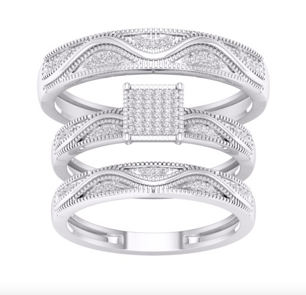 Square Frame Diamond Cluster Trio Bridal Set (0.20CT) in 10K Gold - Size 7 to 12