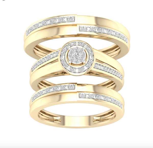 Round Frame Diamond Cluster Trio Bridal Set (0.15CT) in 10K Gold - Size 7 to 12