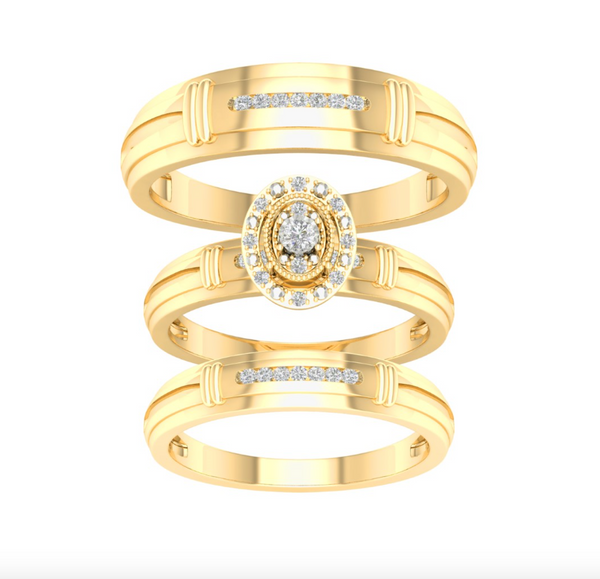 Round Shape Halo Diamond Trio Bridal Set (0.11CT) in 10K Gold - Size 7 to 12