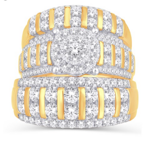 Round Frame Diamond Cluster Striped Trio Bridal Set (3.33CT) in 14K Gold - Size 7 to 12