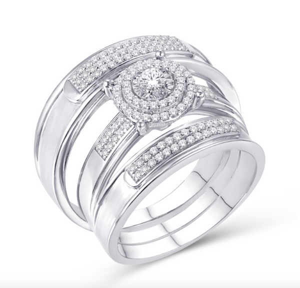 Round Frame Halo Diamond Trio Bridal Set (0.36CT) in 10K Gold - Size 7 to 12