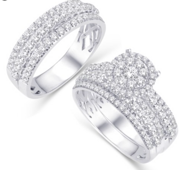 Round Frame Diamond Cluster Trio Bridal Set (2.00CT) in 10K Gold - Size 7 to 12