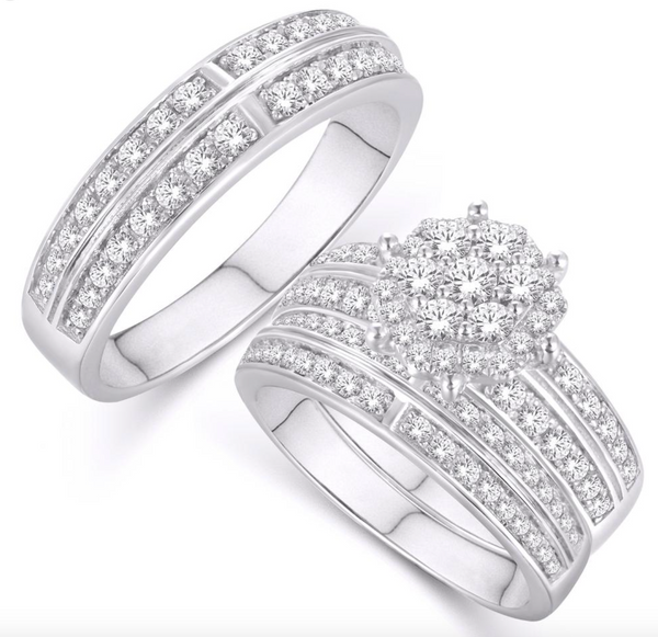 Round Frame Diamond Cluster Trio Bridal Set (2.00CT) in 10K Gold - Size 7 to 12