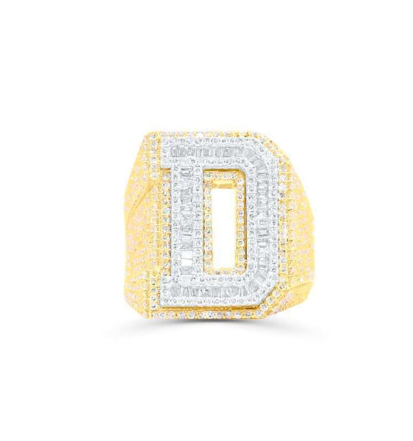 D Letter Baguette Diamond Cluster Men's Pinky Ring (3.70CT) in 10K Gold - Size 7 to 12