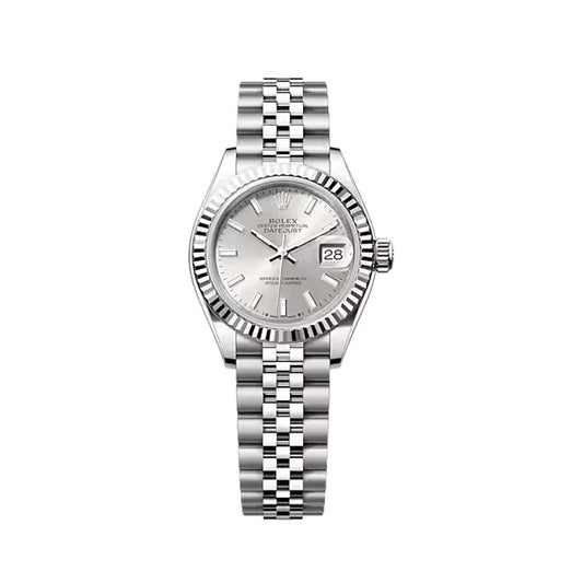 Rolex Datejust 28mm 18k White Gold Fluted Bezel Silver Dial Stainless Steel Jubilee Watch 279174