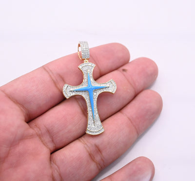 Stylish Blue Cross Bling Diamond Pendant with Sky Blue Enamel (1.00CT) in 10K Gold