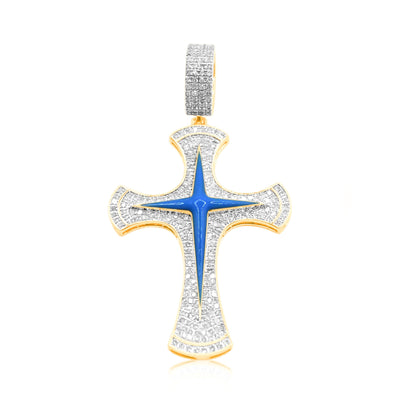 Stylish Blue Cross Bling Diamond Pendant with Sky Blue Enamel (1.00CT) in 10K Gold