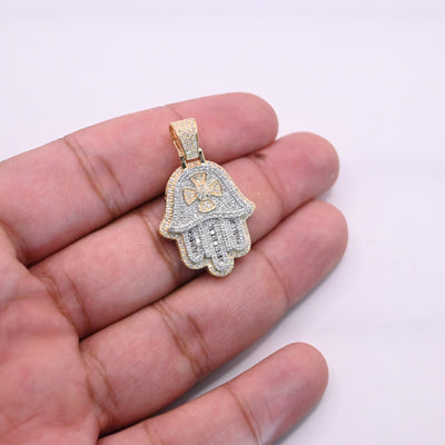 Hamsa Hand Flower Centered Bling Diamond Pendant (1.05CT) in 10K Gold