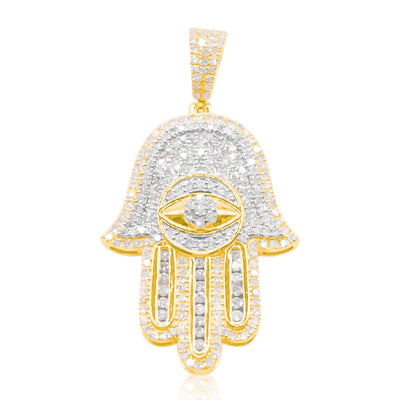 Hamsa Hand Devil Eye Centered Diamond Pendant (1.20CT) in 10K Gold