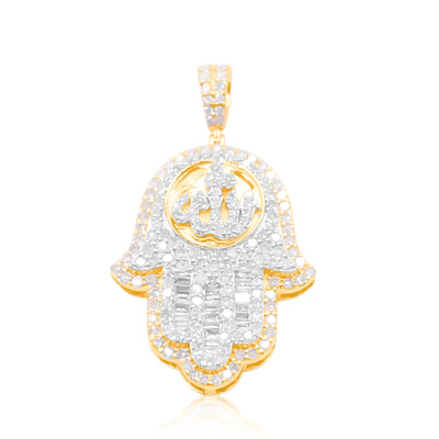 Hamsa Hand Allah Centered Baguette Diamond Pendant (1.25CT) in 10K Gold