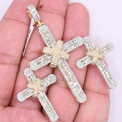 Triple Cross Charm Baguette Diamond Pendant (4.95CT) in 10K Gold