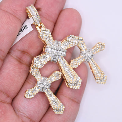 Triple Cross Charm Baguette Diamond Pendant (4.95CT) in 10KGold