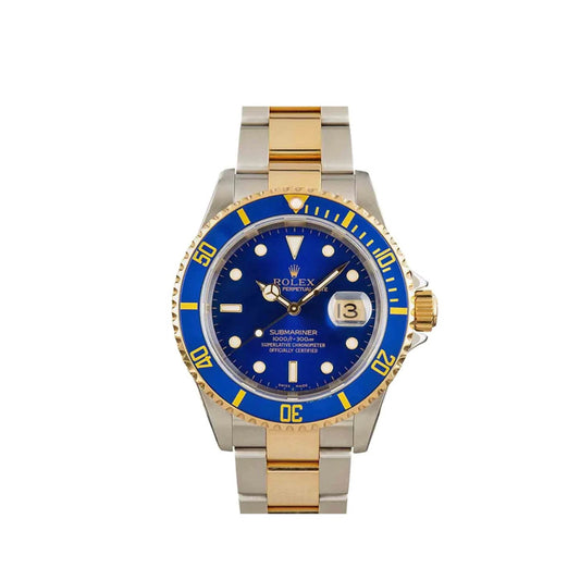 Rolex Submariner 40mm 2 Tone 18k Yellow Gold & Stainless Steel Date Blue Dial & Bezel Oyster Steel Watch 16613