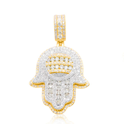 Hamsa Hand Round Centered Bling Diamond Pendant (2.09CT) in 10K Gold