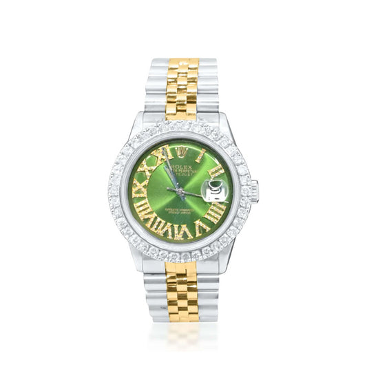 Rolex Datejust 36mm 2 Tone Yellow Gold and Stainless Steel Silver Green Roman Dial Watch