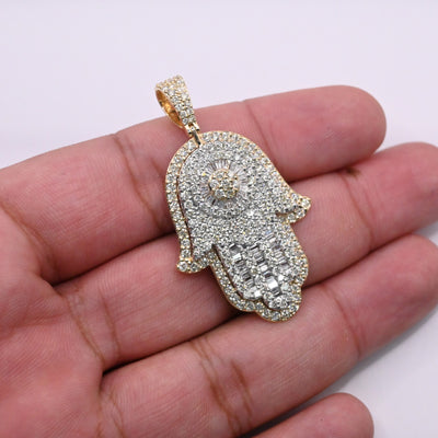 Hamsa Round Centered Baguette Diamonds Pendant (4.00CT) in 10K Two Tone Gold