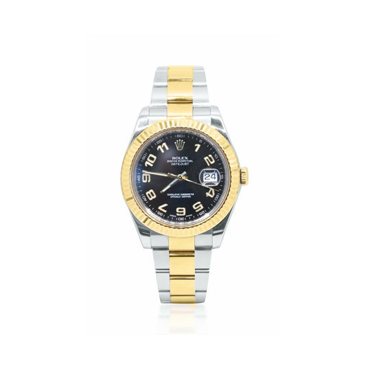 Rolex Datejust 41mm 2 Tone 18k Yellow Gold & Stainless Steel Fluted Bezel Black Dial Oyster Steel Watch 116333