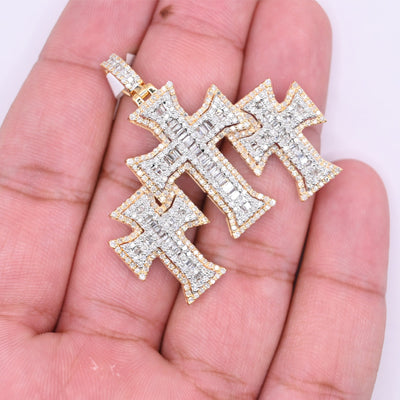 Triple Cross Baguette Diamond Pendant (3.50CT) in 10K Gold