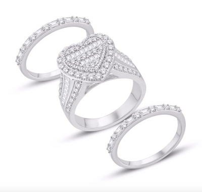 Heart Shape Baguette Diamond Cluster Trio Bridal Set (1.75CT) in 10K Gold - Size 7 to 12
