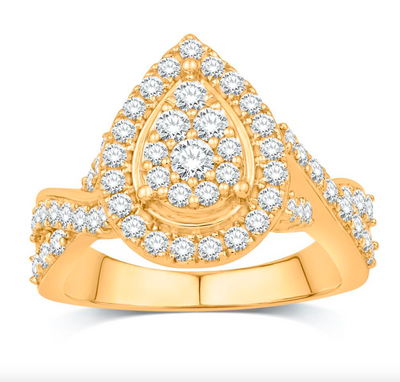 Yellow gold pear-shaped diamond halo cluster ring with round stones