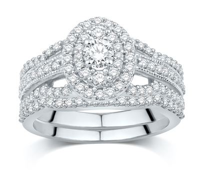 Oval Shape Halo Diamond Cluster Bridal Set (1.00CT) in 14K Gold - Size 7 to 12