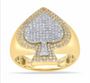 10K gold spade-shaped diamond cluster ring with round clear stones on face and band