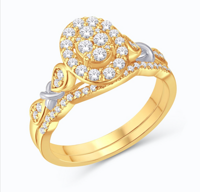 Oval Shape Halo Diamond Cluster Bridal Set (0.50CTCT) in 10K Gold - Size 7 to 12