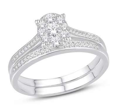 Oval Shape Halo Diamond Cluster Bridal Set (0.34CT) in 14K Gold - Size 7 to 12