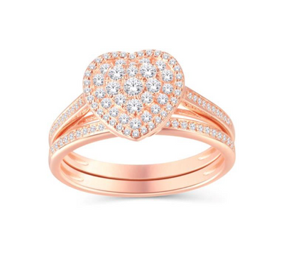 Heart Shape Halo Diamond Cluster Bridal Set (0.45CT) in 10K Gold - Size 7 to 12