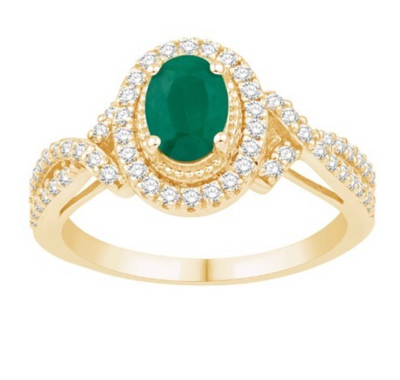 Oval Shape Emerald Halo Twist Split Diamond Women's Ring (1.30CT) in 14K Gold - Size 7 to 12