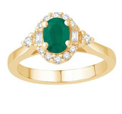 Oval Shape Emerald Halo Baguette Diamond Women's Ring (1.25CT) in 14K Gold - Size 7 to 12