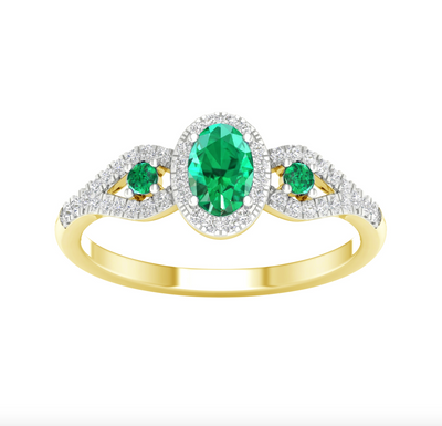 Oval Shape Emerald Three Stone Diamond Women's Ring (0.16CT) in 14K Gold - Size 7 to 12