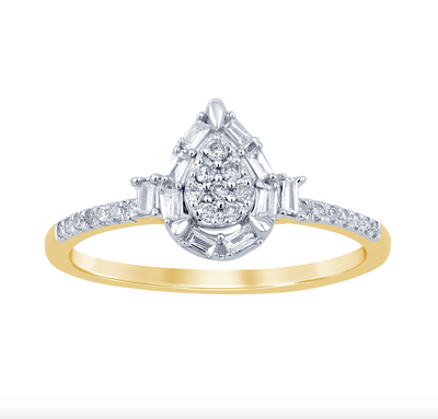 Pear Shape Baguette Halo Diamond Women's Ring (0.20CT) in 10K Gold - Size 7 to 12