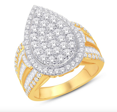 Pear Shape Baguette Diamond Cluster Women's Ring (2.50CT) in 10K Gold - Size 7 to 12