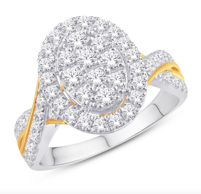 Oval Shape Halo Diamond Cluster Women's Ring (0.48CT) in 10K Gold - Size 7 to 12