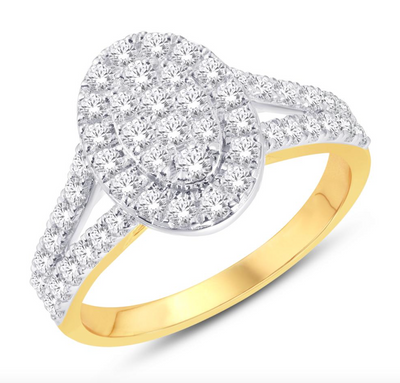 Oval Shape Halo Diamond Cluster Women's Ring (0.99CT) in 10K Gold - Size 7 to 12