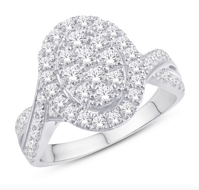 Oval Shape Halo Diamond Cluster Women's Ring (0.99CT) in 10K Gold - Size 7 to 12