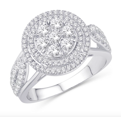 Round Shape Double Halo Diamond Cluster Women's Ring (0.98CT) in 10K Gold - Size 7 to 12