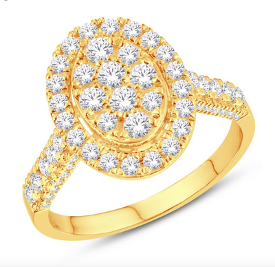 Oval Shape Halo Diamond Cluster Women's Ring (0.97CT) in 10K Gold - Size 7 to 12