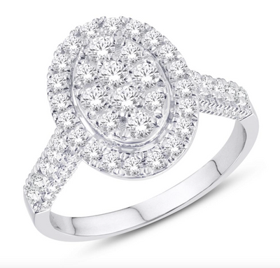 Oval Shape Halo Diamond Cluster Women's Ring (0.97CT) in 10K Gold - Size 7 to 12