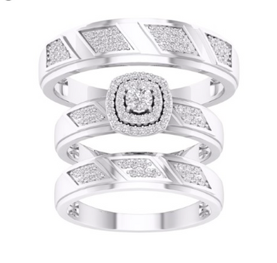 Square Frame Halo Diamond Trio Bridal Set (0.33CT) in 10K Gold - Size 7 to 12